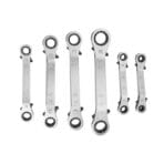 Vertical layout of the TOLSEN metric double box ratchet spanners, displaying the full range of sizes included in the 6-piece set.