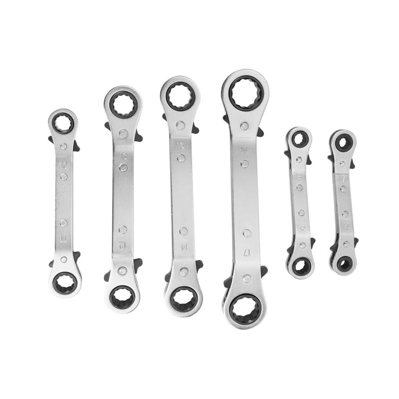 Vertical layout of the TOLSEN metric double box ratchet spanners, displaying the full range of sizes included in the 6-piece set.