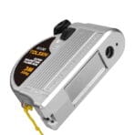 Angled view showing the strong rectangular magnet built into the TOLSEN plumb bob housing, allowing hands-free attachment to steel surfaces.