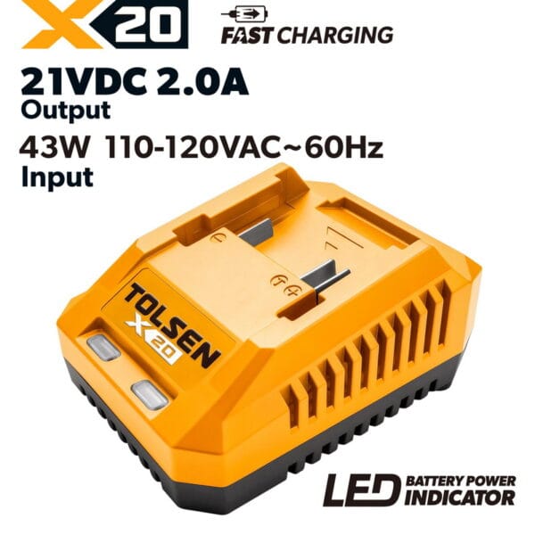 Tolsen X20 2-Amp 43W fast battery charger for 110-120V 60Hz power supply with LED indicator.
