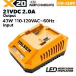 Tolsen X20 2-Amp 43W fast battery charger for 110-120V 60Hz power supply with LED indicator.
