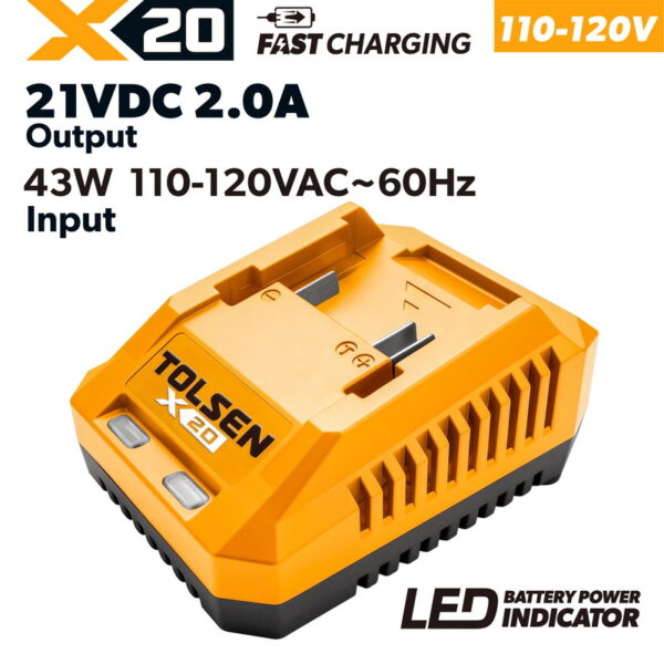 Tolsen X20 2-Amp 43W fast battery charger for 110-120V 60Hz power supply with LED indicator.