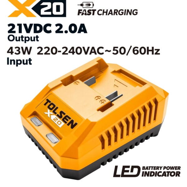 Tolsen X20 2-Amp 43W fast battery charger with LED power indicator 220-240V