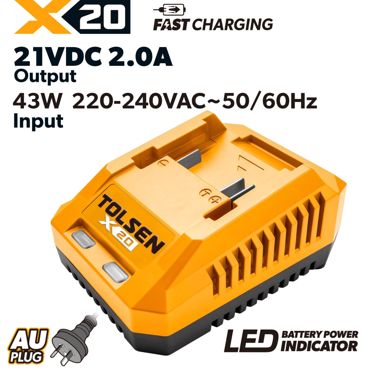 TOLSEN X20 2-Amp fast lithium-ion battery charger with AU plug