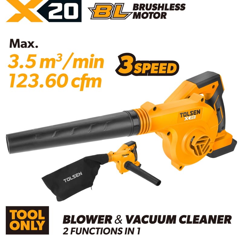 TOLSEN X20 20V brushless cordless blower and vacuum cleaner shown as a bare tool, highlighting the 2-in-1 function, 3-speed settings, and included dust bag.