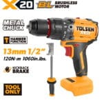 TOLSEN X20 20V heavy-duty brushless hammer drill shown as a bare tool, highlighting the massive 120Nm torque, metal chuck, kickback brake safety feature, and included side handle.