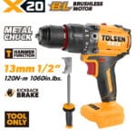 TOLSEN X20 20V heavy-duty brushless hammer drill shown as a bare tool, highlighting the massive 120Nm torque, metal chuck, kickback brake safety feature, and included side handle.