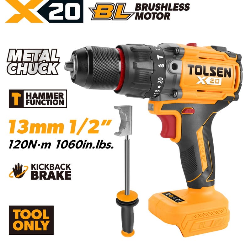 TOLSEN X20 20V heavy-duty brushless hammer drill shown as a bare tool, highlighting the massive 120Nm torque, metal chuck, kickback brake safety feature, and included side handle.