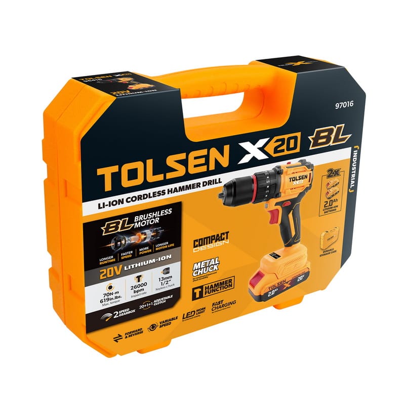 Retail packaging for the TOLSEN X20 Series 20V compact brushless hammer drill kit, highlighting the 70Nm torque, metal chuck, and included 2x 2.0Ah batteries.