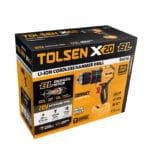 Retail packaging box for the TOLSEN X20 Series 20V compact brushless hammer drill, highlighting its powerful 70Nm max torque, 1/2-inch metal chuck, and "Tool Only" configuration.