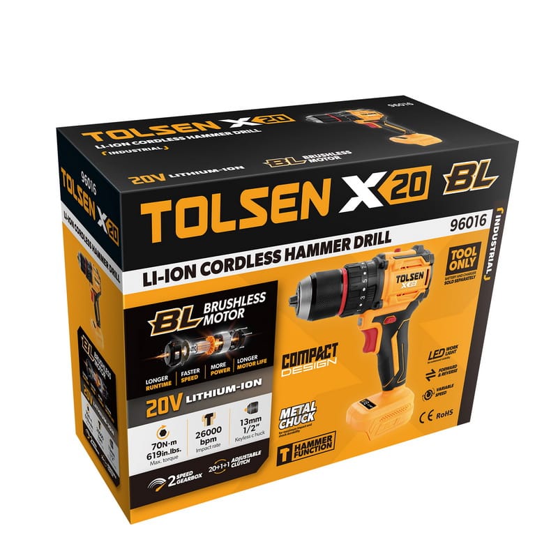 Retail packaging box for the TOLSEN X20 Series 20V compact brushless hammer drill, highlighting its powerful 70Nm max torque, 1/2-inch metal chuck, and "Tool Only" configuration.