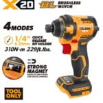 TOLSEN X20 20V compact brushless impact driver bare tool, highlighting the 1/4-inch quick release chuck, 4 working modes, built-in magnetic bit holder, and 310Nm torque.
