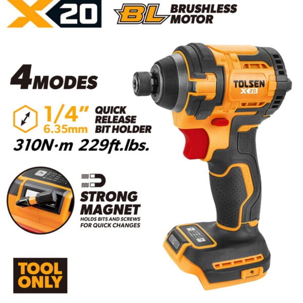 TOLSEN X20 20V compact brushless impact driver bare tool, highlighting the 1/4-inch quick release chuck, 4 working modes, built-in magnetic bit holder, and 310Nm torque.