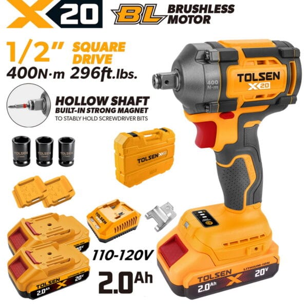 Complete TOLSEN X20 20V brushless impact wrench kit featuring a 1/2-inch hollow shaft and 400Nm torque, displayed with two 2.0Ah batteries, charger, hard storage case, and three impact sockets for 110-120v-market.