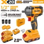 Complete TOLSEN X20 20V brushless impact wrench kit featuring a 1/2-inch hollow shaft and 400Nm torque, displayed with two 2.0Ah batteries, charger, hard storage case, and three impact sockets for 110-120v-market.
