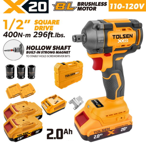 Complete TOLSEN X20 20V brushless impact wrench kit featuring a 1/2-inch hollow shaft and 400Nm torque, displayed with two 2.0Ah batteries, charger, hard storage case, and three impact sockets for 110-120v-market.