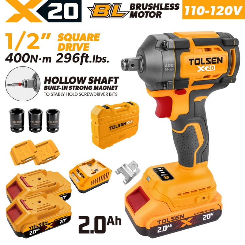 Complete TOLSEN X20 20V brushless impact wrench kit featuring a 1/2-inch hollow shaft and 400Nm torque, displayed with two 2.0Ah batteries, charger, hard storage case, and three impact sockets for 110-120v-market.