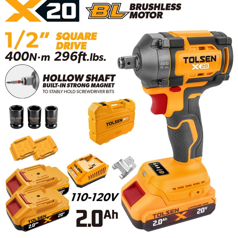 Complete TOLSEN X20 20V brushless impact wrench kit featuring a 1/2-inch hollow shaft and 400Nm torque, displayed with two 2.0Ah batteries, charger, hard storage case, and three impact sockets for 110-120v-market.