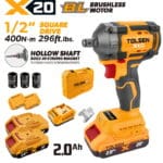 Complete TOLSEN X20 20V brushless impact wrench kit featuring a 1/2-inch hollow shaft and 400Nm torque, displayed with two 2.0Ah batteries, charger, hard storage case, and three impact sockets.
