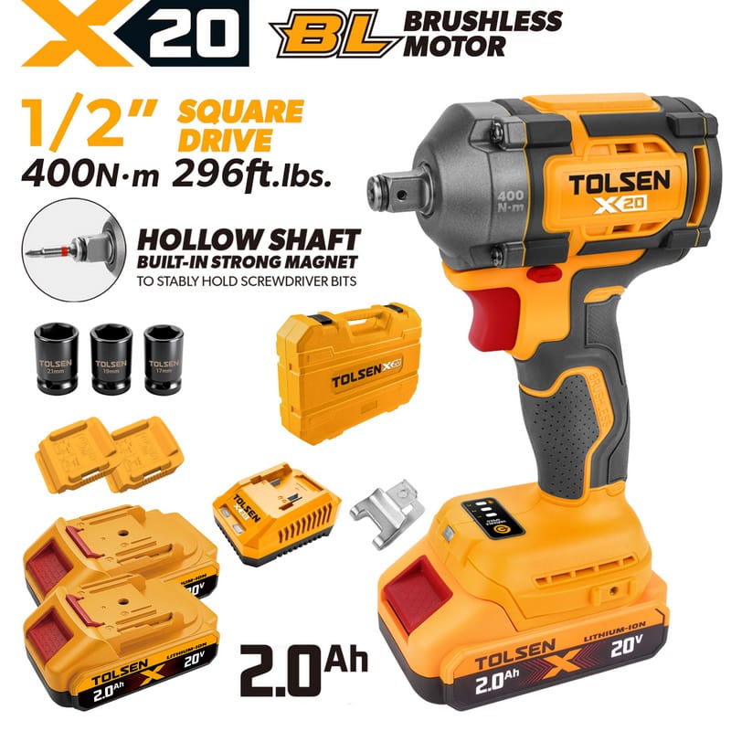 Complete TOLSEN X20 20V brushless impact wrench kit featuring a 1/2-inch hollow shaft and 400Nm torque, displayed with two 2.0Ah batteries, charger, hard storage case, and three impact sockets.