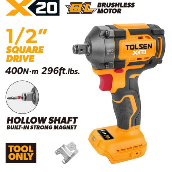 TOLSEN X20 20V compact brushless impact wrench bare tool, highlighting the 400Nm torque and the versatile 1/2-inch hollow shaft design for screwdriver bits.
