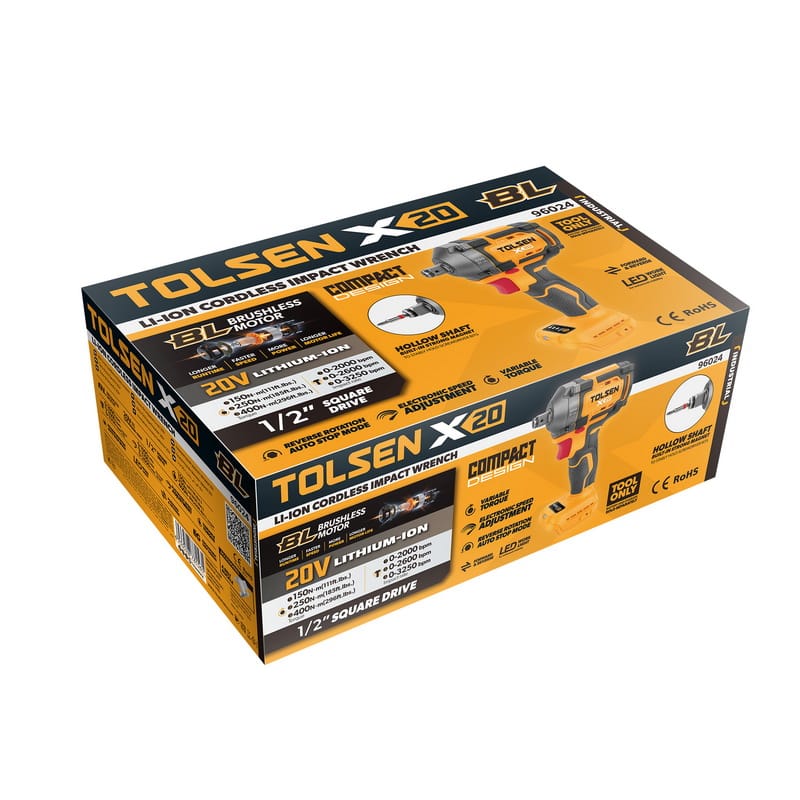 Retail packaging for the TOLSEN X20 20V cordless impact wrench, highlighting 400Nm max torque, brushless motor, hollow shaft 2-in-1 design, and Tool Only configuration.