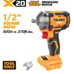 TOLSEN X20 20V compact brushless impact wrench bare tool, highlighting the powerful 500Nm max torque and solid 1/2-inch square drive for heavy-duty applications.