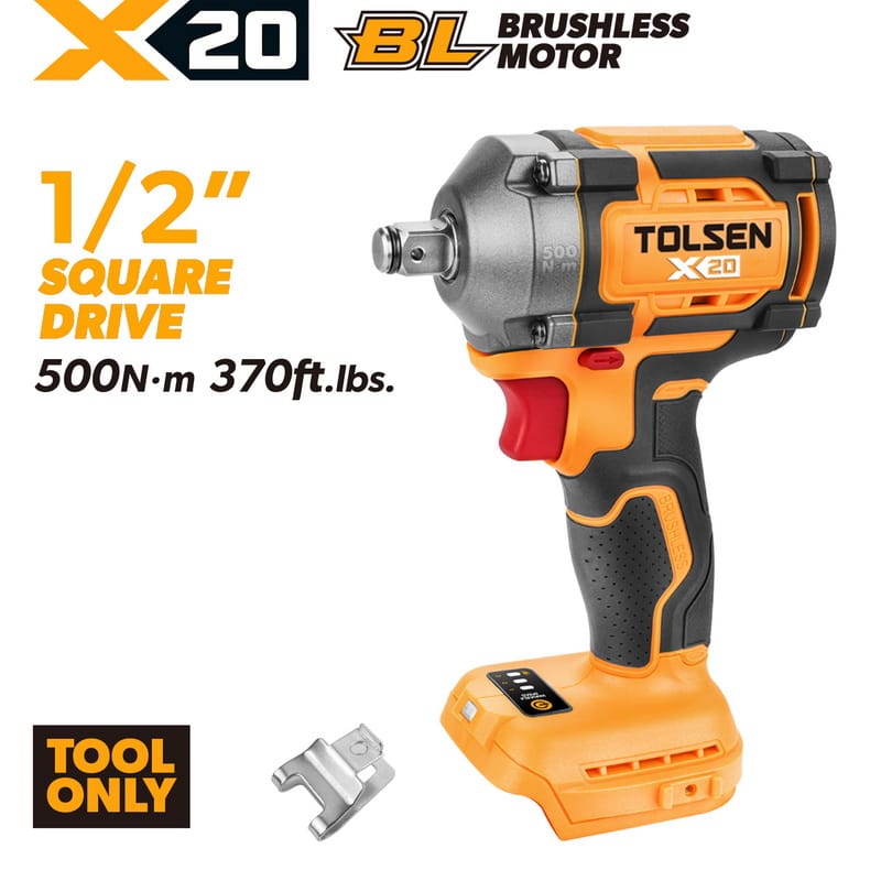 TOLSEN X20 20V compact brushless impact wrench bare tool, highlighting the powerful 500Nm max torque and solid 1/2-inch square drive for heavy-duty applications.