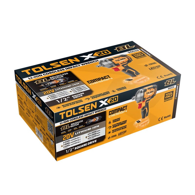 Retail packaging for the TOLSEN X20 Series 20V cordless impact wrench, prominently featuring the powerful 500Nm maximum torque and "Tool Only" designation.