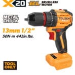 TOLSEN X20 20V compact brushless cordless drill shown as a bare tool, highlighting the 1/2-inch metal chuck and 50Nm maximum torque.