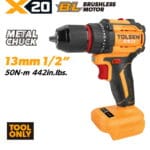 TOLSEN X20 20V compact brushless cordless drill shown as a bare tool, highlighting the 1/2-inch metal chuck and 50Nm maximum torque.