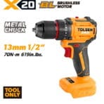 TOLSEN X20 20V compact brushless cordless drill shown as a bare tool, highlighting the powerful 70Nm maximum torque and 1/2-inch metal chuck.