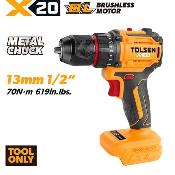TOLSEN X20 20V compact brushless cordless drill shown as a bare tool, highlighting the powerful 70Nm maximum torque and 1/2-inch metal chuck.