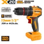 TOLSEN X20 20V compact brushless cordless hammer drill shown as a bare tool, highlighting the 1/2-inch metal chuck, hammer function, and 50Nm maximum torque.