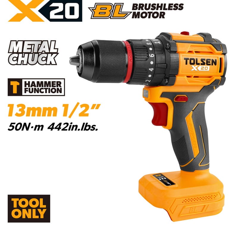 TOLSEN X20 20V compact brushless cordless hammer drill shown as a bare tool, highlighting the 1/2-inch metal chuck, hammer function, and 50Nm maximum torque.