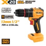 TOLSEN X20 20V compact brushless cordless hammer drill shown as a bare tool, highlighting the 1/2-inch metal chuck, 70Nm torque, and hammer function.
