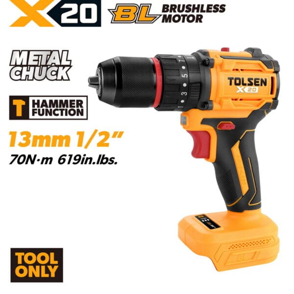 TOLSEN X20 20V compact brushless cordless hammer drill shown as a bare tool, highlighting the 1/2-inch metal chuck, 70Nm torque, and hammer function.