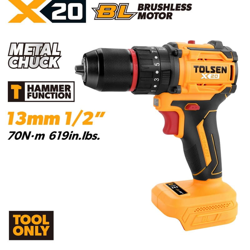 TOLSEN X20 20V compact brushless cordless hammer drill shown as a bare tool, highlighting the 1/2-inch metal chuck, 70Nm torque, and hammer function.