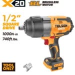 TOLSEN X20 20V heavy-duty brushless impact wrench shown as a bare tool, highlighting its massive 1000Nm maximum torque, robust 1/2-inch square drive, and "Tool Only" configuration.