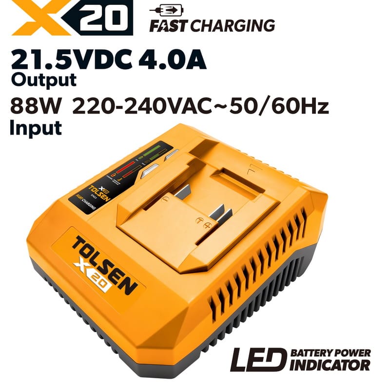 Tolsen X20 4-Amp 88W fast battery charger with LED power indicator 220-240V