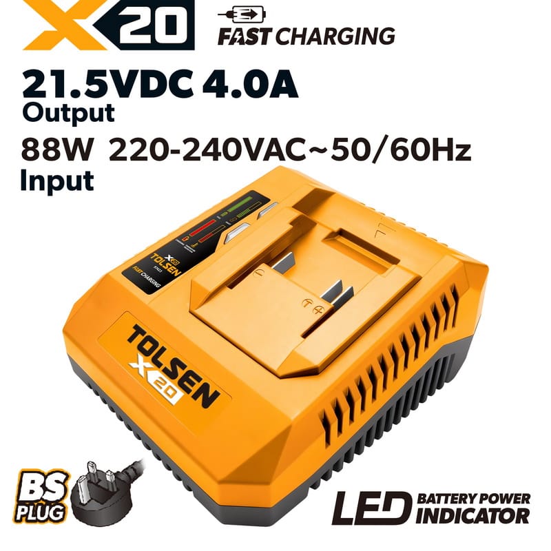 Tolsen X20 4-Amp 88W fast battery charger with UK BS standard 3-pin plug 220-240V