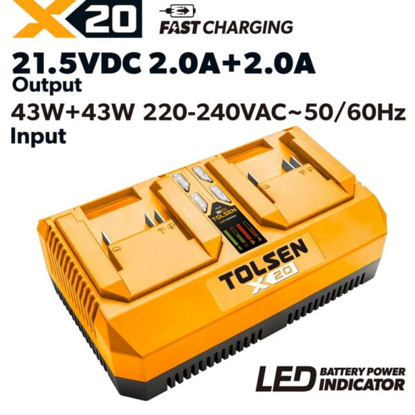 Tolsen X20 dual port rapid battery charger 2.0A+2.0A dual bay with LED indicator 220-240V