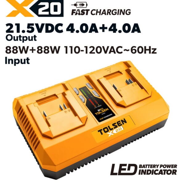 Tolsen X20 dual port rapid battery charger 4.0A+4.0A 88W+88W for 110-120V 60Hz power supply with LED indicator.