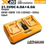 Tolsen X20 dual port rapid battery charger 4.0A+4.0A 88W+88W for 110-120V 60Hz power supply with LED indicator.