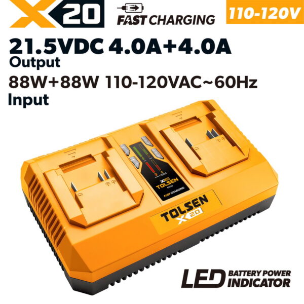 Tolsen X20 dual port rapid battery charger 4.0A+4.0A 88W+88W for 110-120V 60Hz power supply with LED indicator.