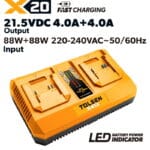 Tolsen X20 dual port rapid battery charger 4.0A+4.0A 88W+88W high power dual bay charger 220-240V