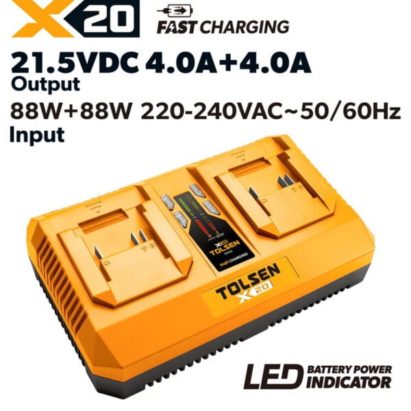 Tolsen X20 dual port rapid battery charger 4.0A+4.0A 88W+88W high power dual bay charger 220-240V