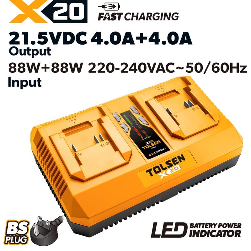 Tolsen X20 dual port rapid battery charger 4.0A+4.0A with UK BS standard 3-pin plug 220-240V