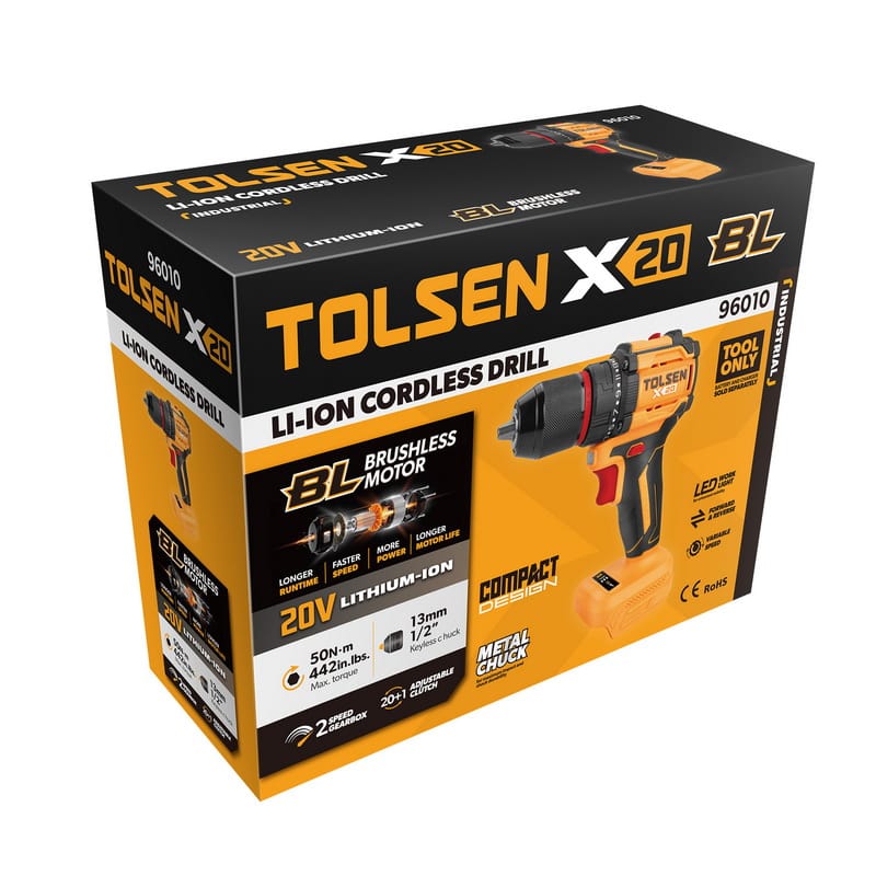 Retail packaging for the TOLSEN X20 Series 20V Li-ion Brushless Cordless Drill, clearly marked as "TOOL ONLY" with a 50Nm max torque rating.
