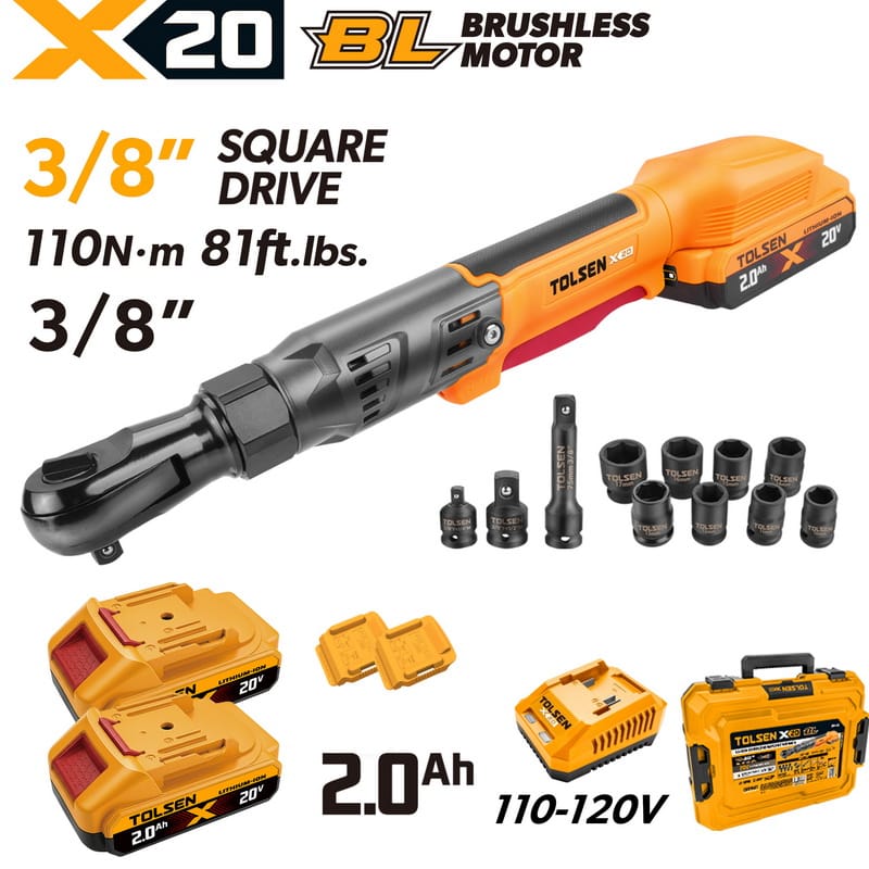 Tolsen 20V X20 brushless cordless 3/8 inch ratchet wrench kit with two 2.0Ah batteries, sockets set, charger, and hard case for 110-120v market.